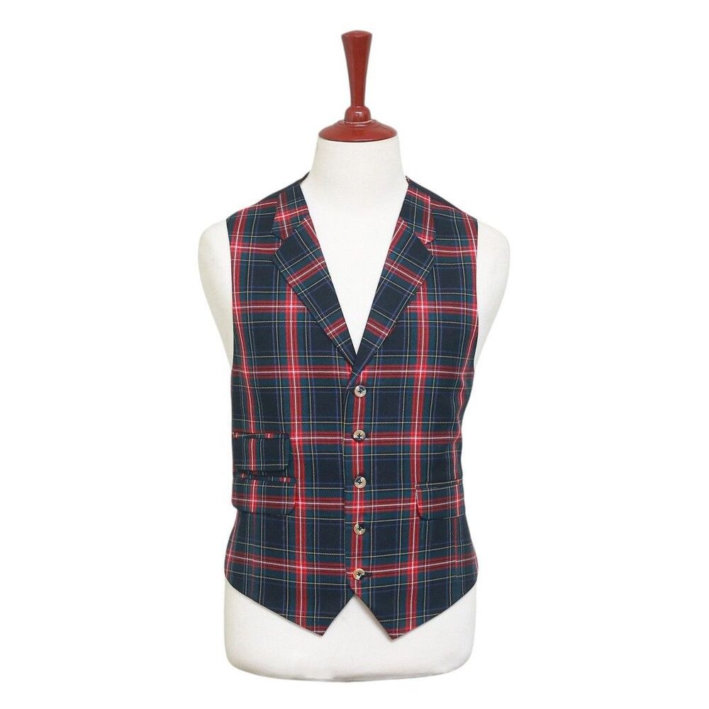 Mens Vest 44R Tartan Plaid Wool Black Red Green Lapel Waistcoat Formal Wedding